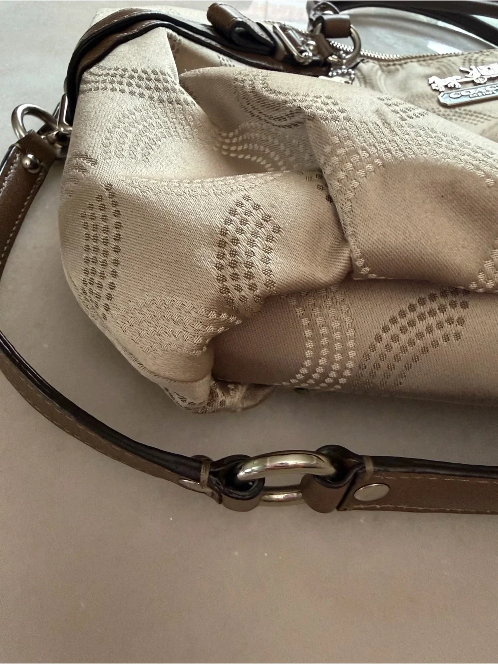Coach Beige Signature Quilted Satchel with Brown Leather Trim